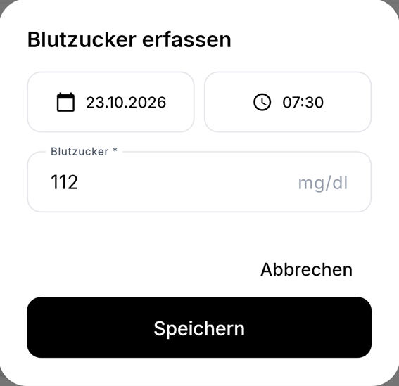 Eingabe eines Blutzuckerwerts in der App MeinPflegetagebuch: Datum, Uhrzeit und Wert in mg/dl