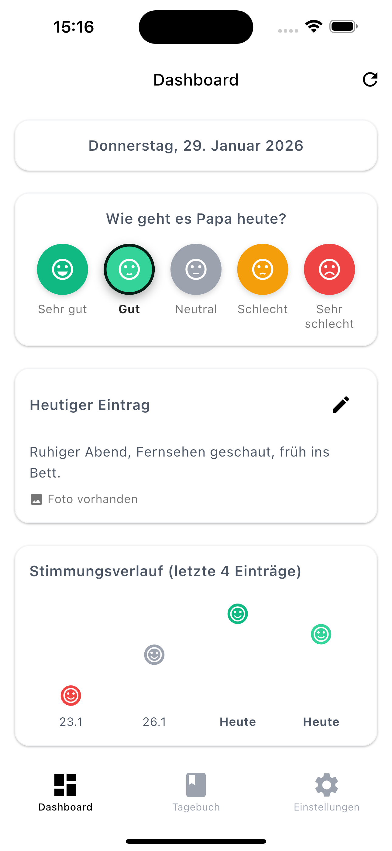 Stimmung erfassen in der MeinPflegetagebuch App
