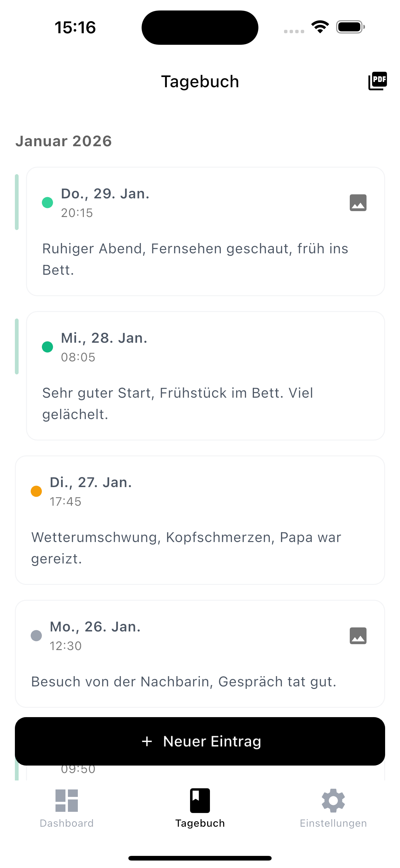 Pflegetagebuch Übersicht mit allen Einträgen